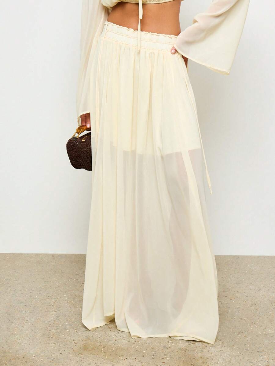 AiiRZ Luxurious Resort Beachwear Sheer Maxi Flowy Skirt Palazzo Summer Beach High Waisted Floor Length Boho Skirt Vacation Beachwear - Yellow - View 1