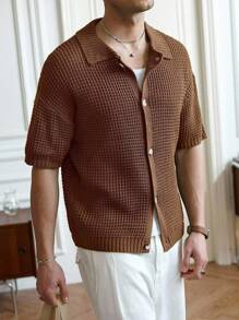 Manfinity Homme Áo len dệt kim tay ngắn đơn giản màu trơn cho nam - màu nâu - Xem 4