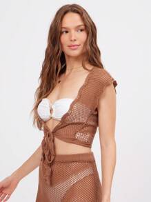 WESTFADE Western Cowgirl Crochet V Ruffle V Neck Cute Bow Tie Front Short Sleeve Open Knit Sweater Crop Top Summer Beach Vacation Boho Festival Nashville Rodeo - Coffee Brown - View 4