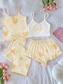 SHEIN 4 件套女士睡衣套装，带有可爱的心形印花，包括吊带背心和短裤 - 黃色 - 查看 4