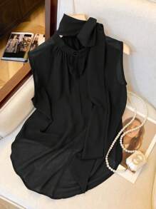 SHEIN Blusa sin mangas de unicolor elegante y romántica de estilo casual para mujer - Negro - Ver 2