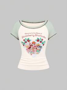 Strawberry Shortcake | ROMWE Women's Letter And Cartoon Pattern Colorblock Fitted Short Sleeve T-Shirt - Apricot - View 1