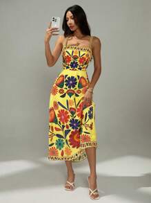 SHEIN PETITE 女式无袖收腰A字型花卉印花度假休闲连衣裙，春夏 - 黃色 - 查看 3