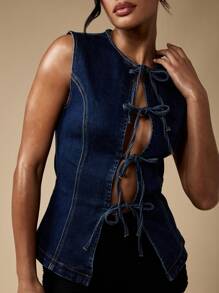 MISSGUIDED Chaleco vaquero con detalle de lazo al frente, silueta ajustada, estilo western, pieza de moda otoñal