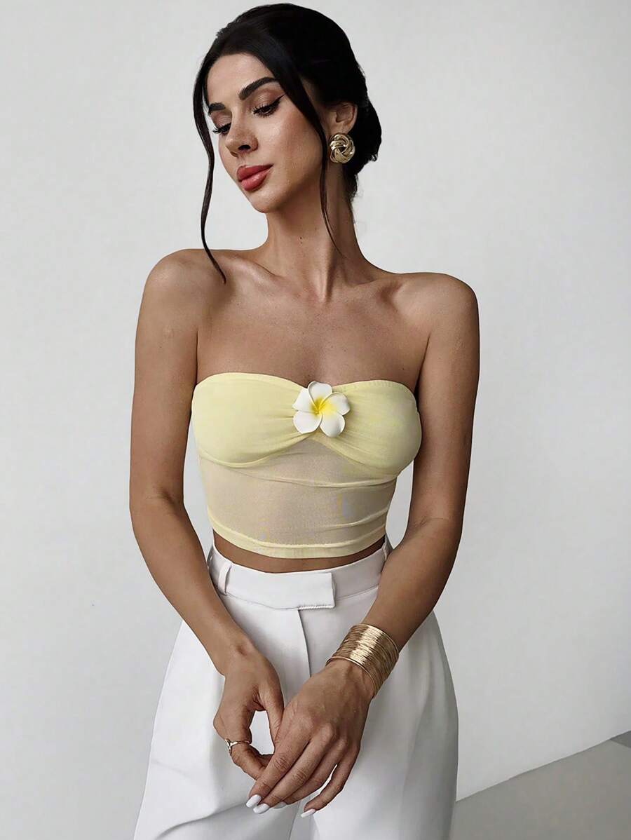 Firerie 女士优雅浪漫荷叶边抹胸露脐上衣，花卉网纱设计，抹胸款式，适合夏季海滩、度假、派对、音乐节、日常穿着，奶油黄，度假