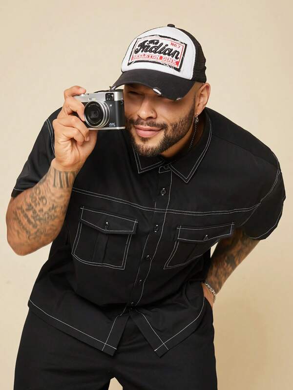 EASEVO Plus Size Men's Woven Black Short Sleeve Stand Collar Casual Half Sleeve Shirt, Suitable For Summer
