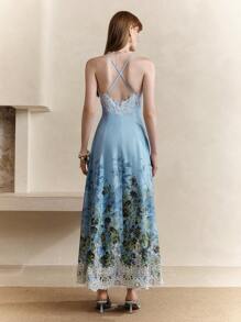SHEIN LUNE Women's Light Blue Floral Lace Patchwork Backless Camisole Dress,Elegant Summer Resort Style,Graduation Party,Vacation,Sun,Formal&Birthday Dresses - Blue - View 5