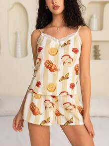 SHEIN Touch of Art Ensemble de pyjama femme avec débardeur à fleurs, rayures, dentelle et shorts. Avec une illustration imprimée de fruits et de fleurs de Joris Hoefnagel. Style romantique vintage et confortable, parfait pour le printemps et l'été. - Kaki - Voir 5