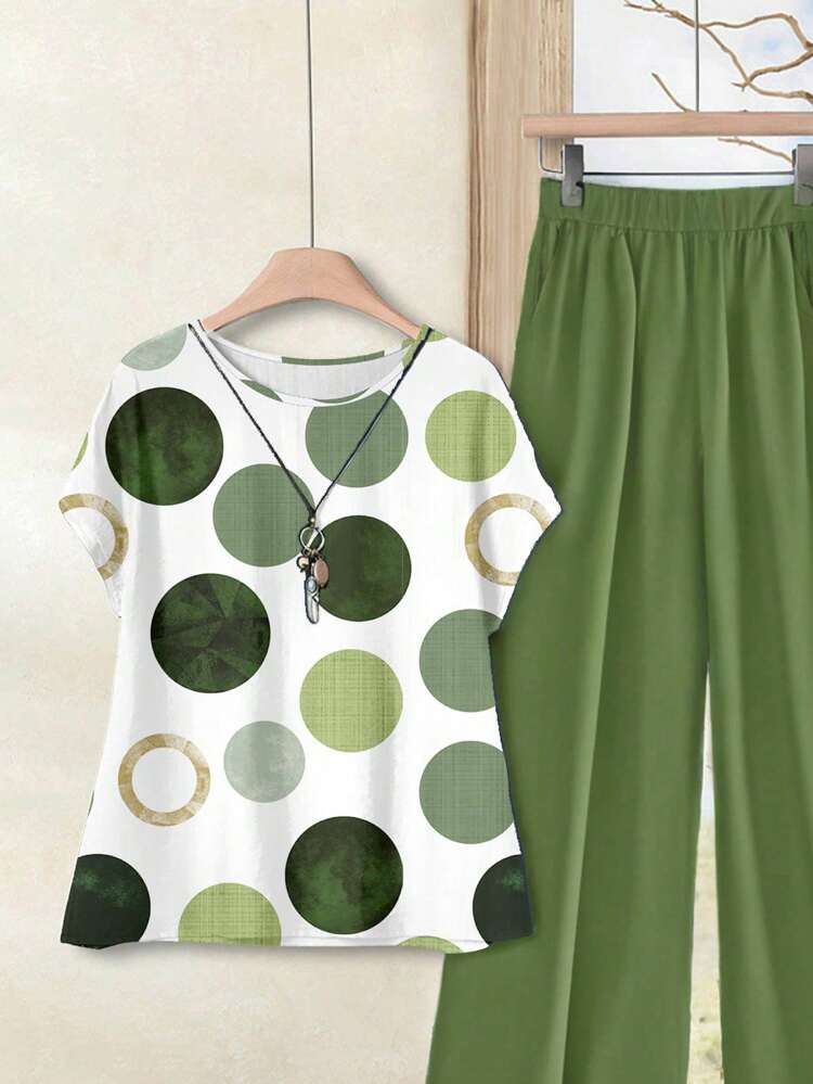 2pcs/Set Women Versatile Polka Dot Print Top And Pants, Casual Spring/Summer Island Vacation Outfits,Casual