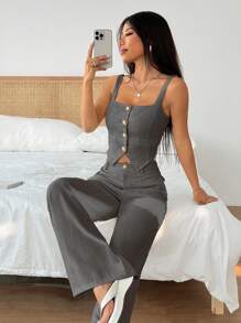 SHEIN EZwear 2 件套女士简约灰色方领纽扣吊带背心和宽松阔腿裤套装 - 灰色 - 查看 4