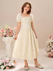Tween Girl Woven Square Neck Puff Sleeve Fitting Elegant Dress - Beige - View 4