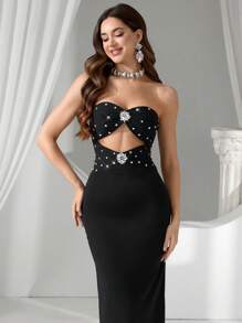 Coutiva Women's Luxurious Rhinestone Decor Strapless Party Dress Deep V-Neck Backless Mermaid Hem Split Evening Gown,Formal Black Sequin Wedding Guest - Black - View 6