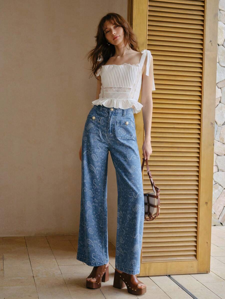 MOTF PREMIUM PAISLEY PRINT PATCH POCKET FLARE LEG JEANS