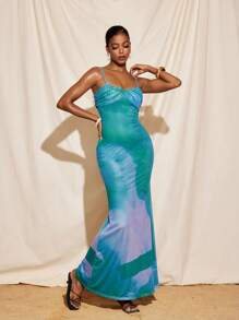 Armand Full Printed Spaghetti Straps Twist Neck Mesh Maxi Dress - Green - View 5