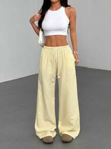 TRNVIE Pantalones rectos de pierna de cintura baja con cordón de algodón rosa, ropa casual de moda para el hogar para mujer, temporada de primavera