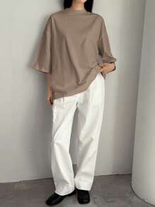 Dazy-Less 宽松简约纯色短袖T恤，女士商务休闲办公室通勤装，夏季 - 咖啡棕 - 查看 2