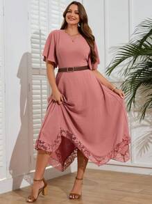 EMERY ROSE Vestido de manga corta con escote de encaje para mujer de talla grande, unicolor elegante