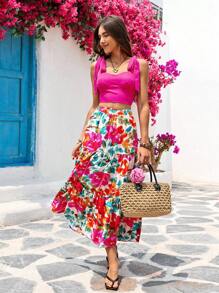 Vivid Eden 2 pezzi Set di moda da donna con canotta corta tinta unita e minigonna con stampa floreale per vacanza
