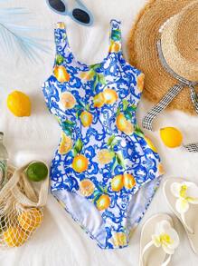 Traje de baño de una pieza con estampado de flores y limones para adolescentes/jóvenes, bañador informal para nadar y vacaciones