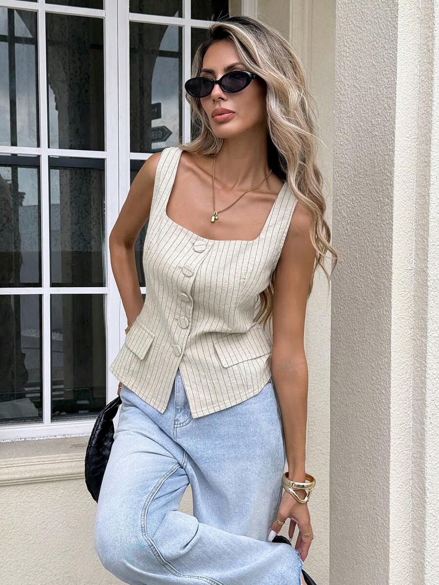 Siren Gaze 女式 100% 纯棉休闲方领无袖条纹衬衫，适合夏季复古硬币设计，适合办公室穿着，商务休闲女士日常通勤穿着女士衬衫夏季海滩度假女士西部装女士工作夏季上衣女士夏季秋季 7 月 4 日教师