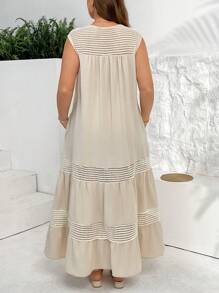 SHEIN Essnce Abito lungo senza maniche, con tasche, in stile casual e comodo, in prospettiva e con effetto traforato, in colore albicocca, adatto a donne in taglie forti per la primavera e l'estate, ideale per la vacanza al mare