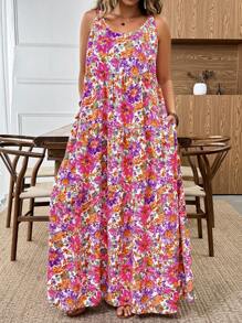 SHEIN VCAY 大码女式粉色碎花无袖连衣裙，带口袋，长款设计，非常适合度假、海滩和夏季穿着。也适合短途城市旅行。