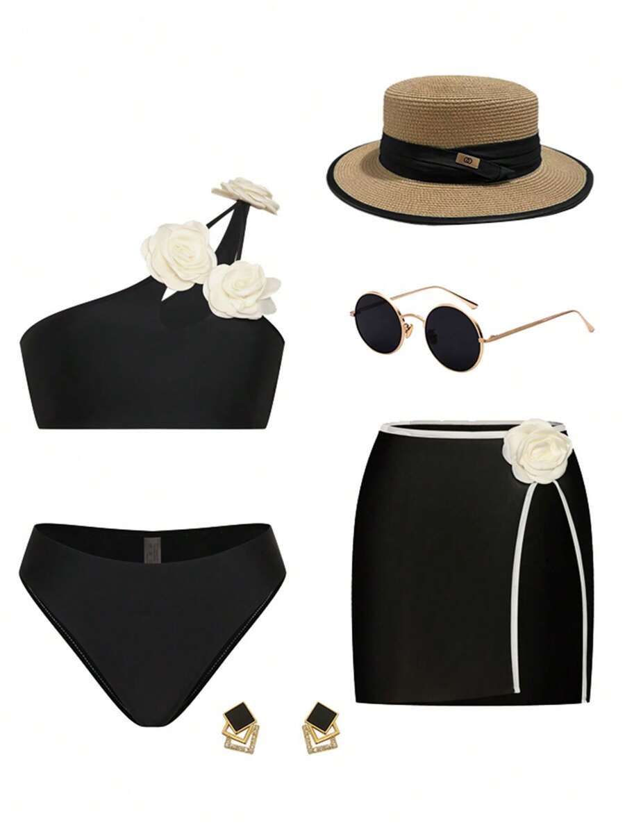 Swim Oasis Oasis 3 Stücke Set: Schwarzer Anzug, eleganter weißer 3D Blumen Dekor transparenter Mesh Cover-Up, geeignet für Sommerbekleidung - Schwarz - Übersicht 1