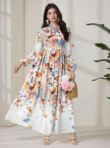 Modelyn Damen Kleid mit zufälligem Aufdruck und Langarm