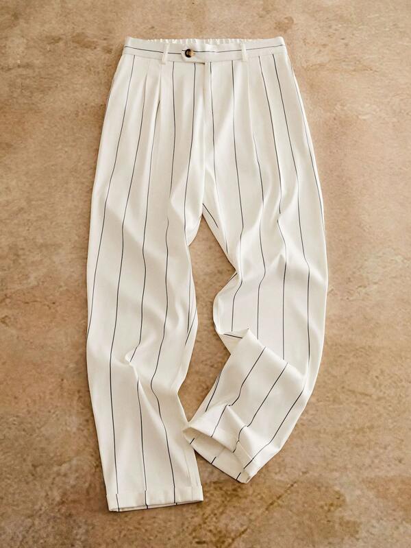 HIMLAND Pantaloni bărbătești casual cu talie elastică, țesute, cu dungi verticale, conici, 3/4
