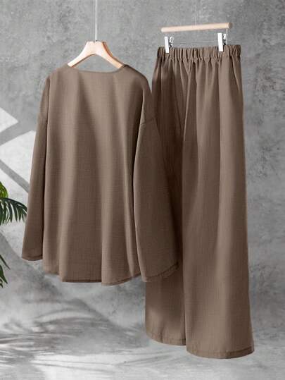 SHEIN LUNE CURVE بدلة كاجوال من قطعتين بتي شيرت بأكمام طويلة وحبل أمامي وبنطال واسع الساق للنساء بمقاسات كبيرة