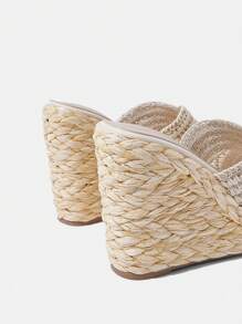 Styleloop 女士编织绳厚底坡跟凉鞋，度假风格波西米亚风复古美式西部音乐节派对厚底鞋 - 米色 - 查看 5