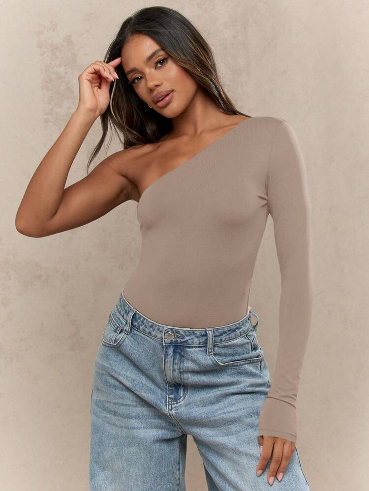 MISSGUIDED One Shoulder Long Sleeve Bodysuit Form Fitting Asymmetric Dance Party Evening Wear Women Fashion Statement Body Shaper Fall Winter Clothing