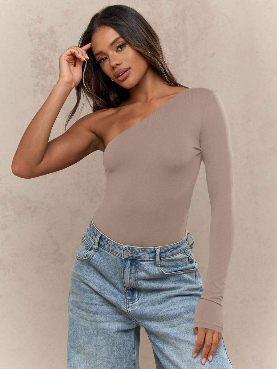 MISSGUIDED One Shoulder Long Sleeve Bodysuit Form Fitting Asymmetric Dance Party Evening Wear Women Fashion Statement Body Shaper Fall Winter Clothing - Mocha Brown - View 1