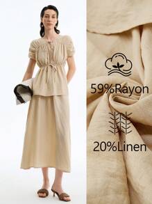 Aalyst 2pcs Simple Elegant Lady Linen Twill Women Set - Apricot - View 4