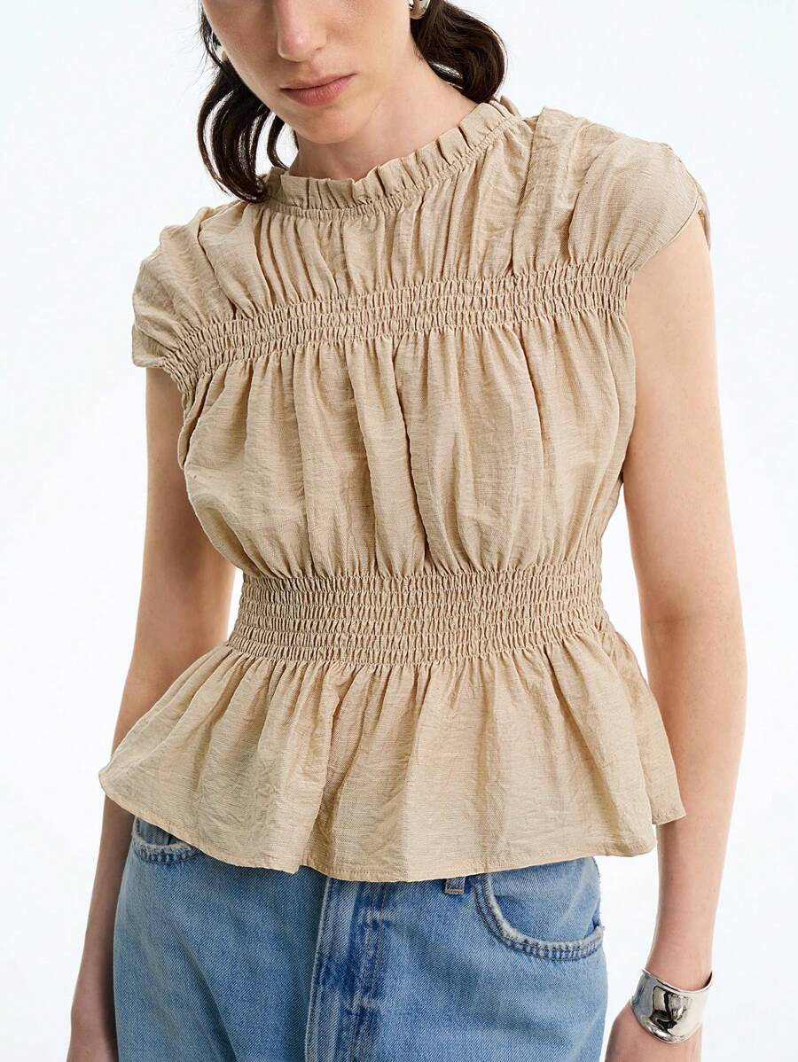 Aalyst Simple Elegant Linen Twill Sleeveless Women Tank Top - Apricot - View 1