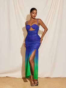 Yelly Gray Ombre Printed Mesh Bralette Cowl Neck Ruched Dress With Split Women Summer Vacation Blue Green Ombre Dress Split Thigh Dress Diva Dress - Multicolor - View 1