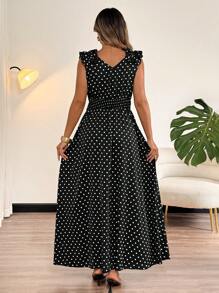 SHEIN Clasi Plus Size Retro Polka Dot Ruffle Trim V-Neck Sleeveless Dress For Women, Summer - Black - View 2