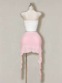 SHEIN ICON Falda de tul rosa con volantes, pliegues y ruedo con volantes, talla grande, para primavera - Rosa Pálido - Ver 2