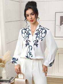 Modelyn Women's Printed V-Neck Long Sleeve Arabian Style Top