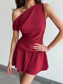 Aloruh New Vintage Burgundy Asymmetric Pleated Waist Sexy Double Layered Hem Umbrella Skirt Dress, Chic Party Wear For Petite - Burgundy - View 6