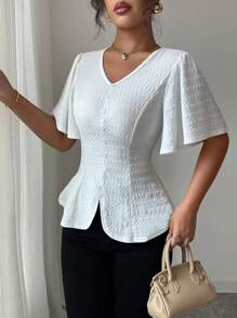 Elenzga Camiseta elegante de unicolor con mangas de volantes y cuello en V con textura, blusa de corte peplum adecuada para vacaciones de primavera/verano