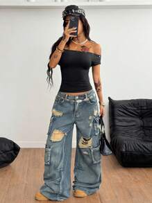 Coolane Blusa negra ajustada con hombros descubiertos, elástica y con remaches, estilo streetwear Y2K grunge para mujer, para el verano