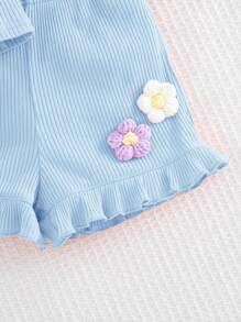 Cozy Pixies Baby Girl 3D Floral Round Neck Sleeveless Pullover Top And Elastic Waist Shorts 2pcs Set