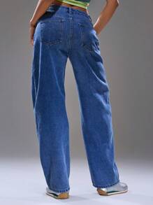 MUSERA 桶形缝线细节超大牛仔裤，适合春季、夏季、街头风、Y2K风格、酷女孩、都市缪斯、晚宴派对等场合，尽显优雅气质。 - 藍色 - 查看 4