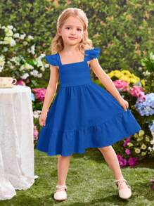 SHEIN Young Girl Summer Vacation Ruffle Trim Cap Sleeve Yellow Mini Dress - Blue - View 4