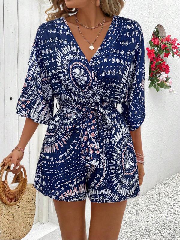SHEIN VCAY Women's V-Neck Crossed Wrap Waist Drawstring Retro Printed Jumpsuit, Summer Resort Wear