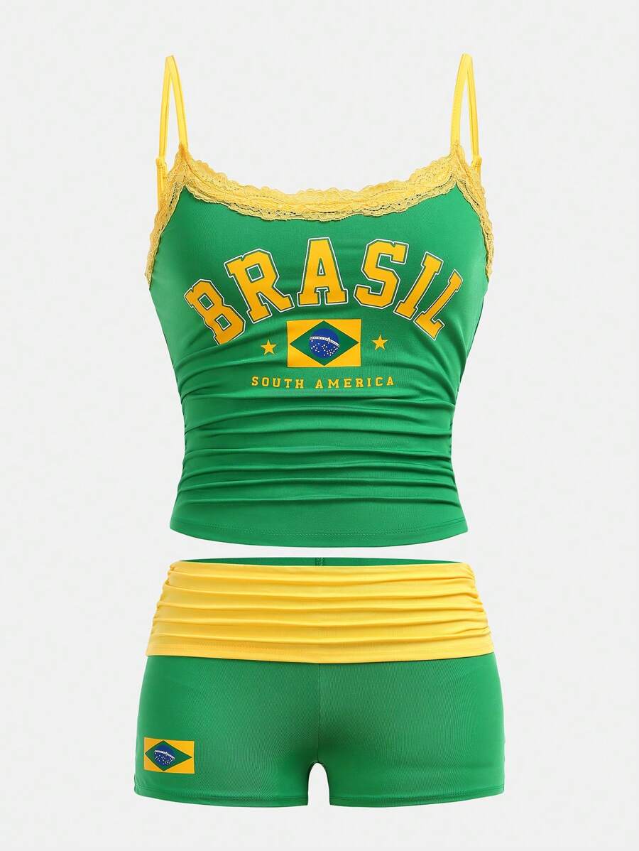 Girlism TEENGIRL 夏季撞色字母印花运动修身吊带背心和短裤两件套，牙买加图案印花套装，运动休闲套装