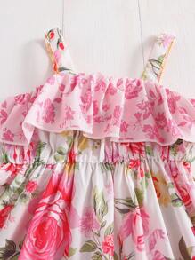 SHEIN Young Girl Loose Casual Simple Comfortable Suspender Ruffle Sweet Cute Dress - Pink - View 9