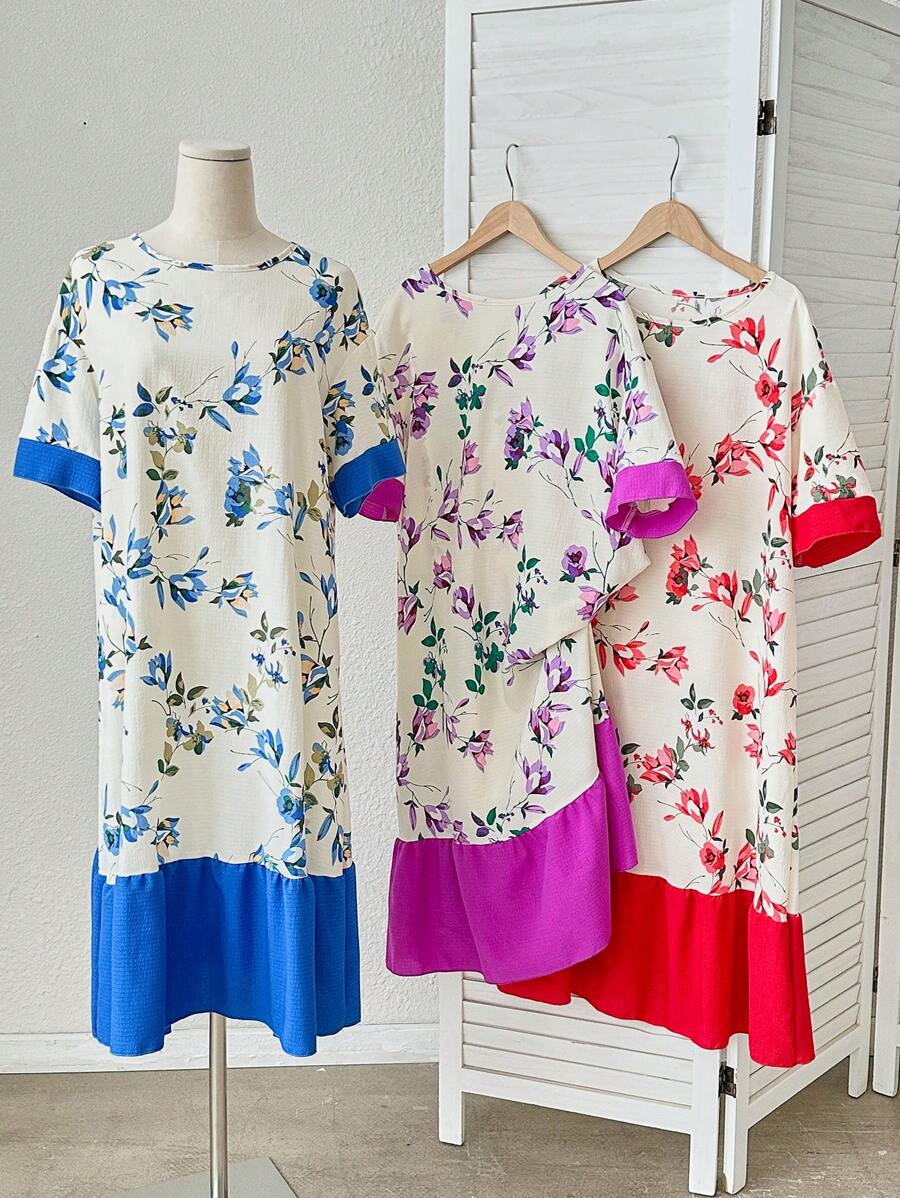 Snug Zone 3pcs/Set Women Contrast Color Patchwork Print Nightgown Sleepwear Set - Multicolor - View 1