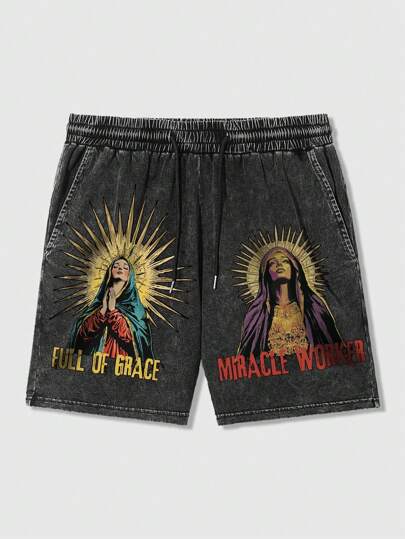 Street Life Goth Stylish Religious Character Casual Sports Men Shorts, Featuring An Illustration Depicting Virgin Mary